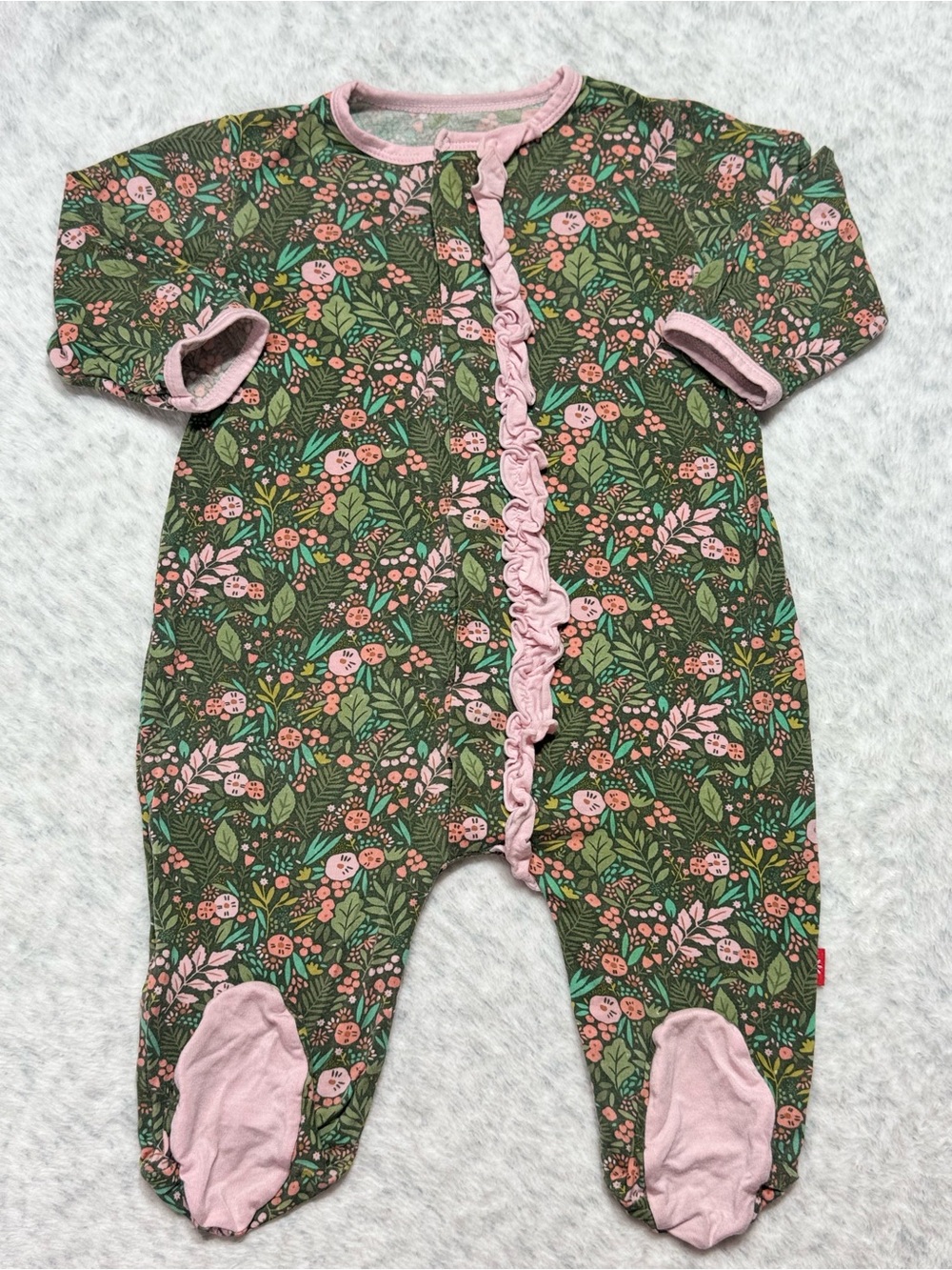 Magnetic Me Green Floral Botanical Footie Sleeper 3-6M Baby Girl Modal Ruffle